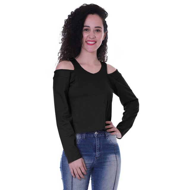 Moomaya Womens Cold Shoulder Short Top Solid Full Sleeves Summer Tee Tops
