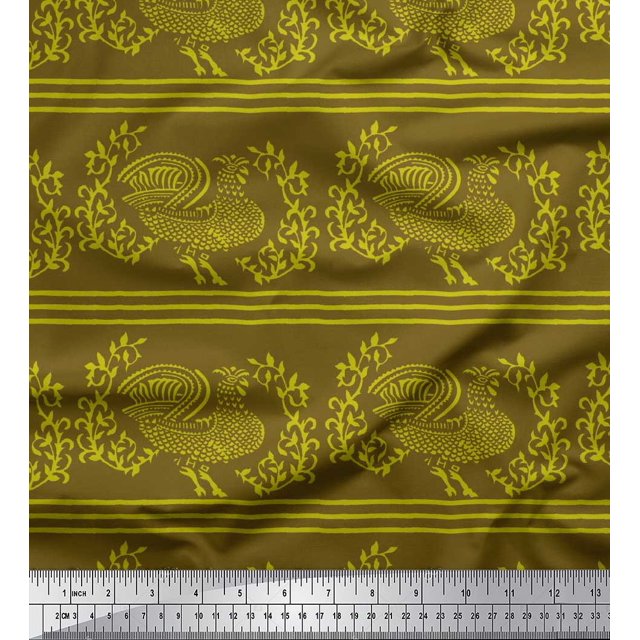 Soimoi Georgette Viscose Fabric Stripe,Leaves & Hen Block Decor Fabric Printed Yard 42 Inch Wide
