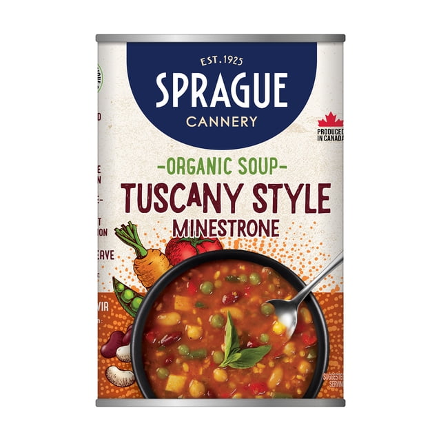 Sprague Organic Tuscany-Style Minestrone Soup can showing a front label with a bowl of hearty Italian vegetable soup containing peas, beans, and diced vegetables, ready to eat and produced in Canada, suitable for quick healthy meals.