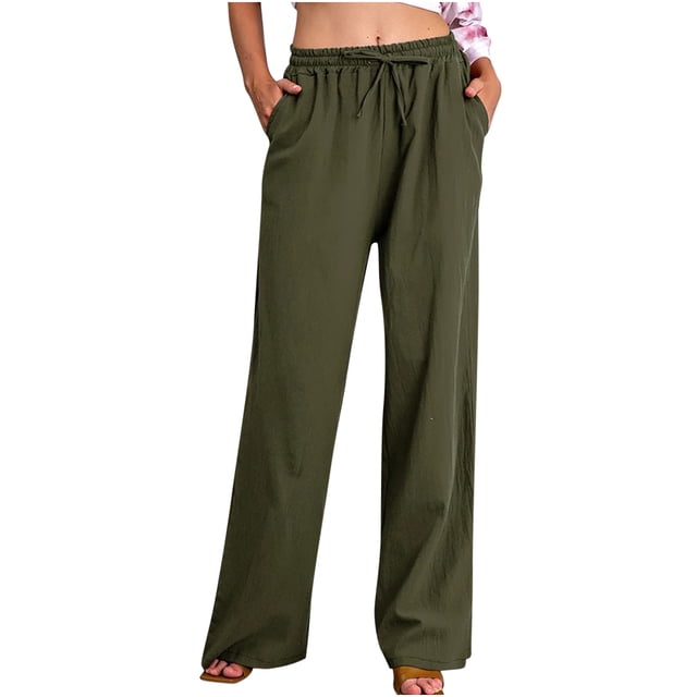 DPTALR Women Casual Solid Cotton Linen Drawstring Elastic Waist Long Wide Leg Pants