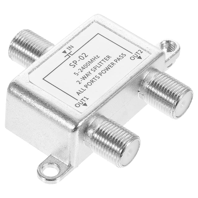 Coaxial Cable Splitter 5-2400MHz by Homemaxs, featuring a durable aluminum alloy body in silver. This 2-way splitter is designed for cable TV, high-speed internet, amplified antennas, and amplifiers. It supports RG6 cables and CATV systems, allowing a single digital signal to be split into two outputs. Compact size of 5.30 x 4.60 x 1.50 cm.