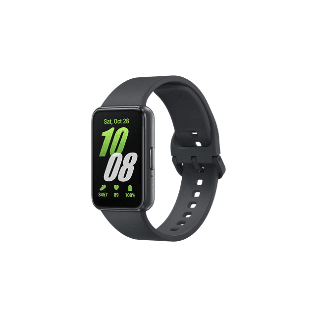 Samsung Galaxy FIT 3 | Grey | 1.6" AMOLED Display | 13 Days Battery Life | 100+ Watchfaces | 100+ Exercise Modes front-facing slim fitness band with 1.6-inch 256x402 AMOLED screen, grey aluminum frame and silicone strap, digital watchface showing time and activity icons on a neutral studio background; often used for quick notification checks while commuting.