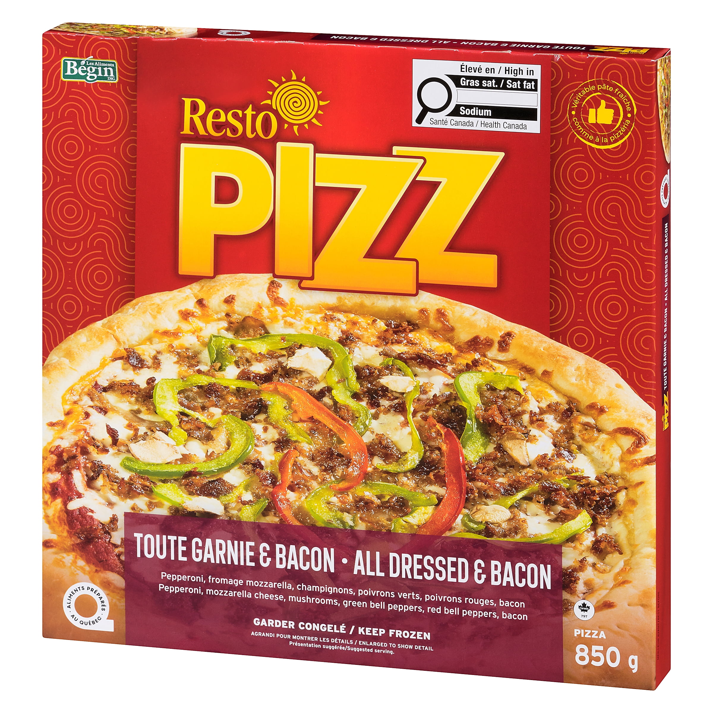 Pizza garnie bacon surgelée Resto PIZZ 850g (Contient : Soya, Blé, Lait) Toute Garnie & Bacon 850g
