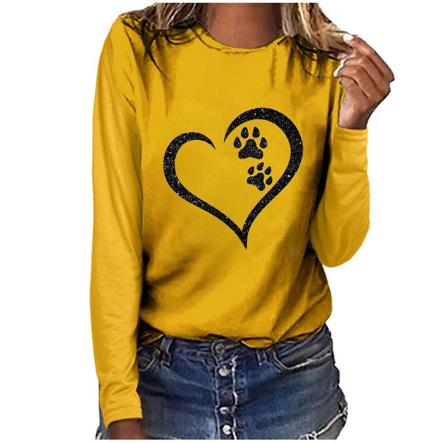 Besolor Tuniques Automne Printemps pour Femmes 2024 Imprimé Cœur Col Rond Manches Longues Chemises Décontractées Amples Blouse Tee