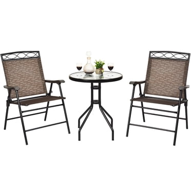 Gymax Ensemble Bistro 3 Pcs Ensemble de Conversation Pub Patio Extérieur avec Chaises Pliantes Table