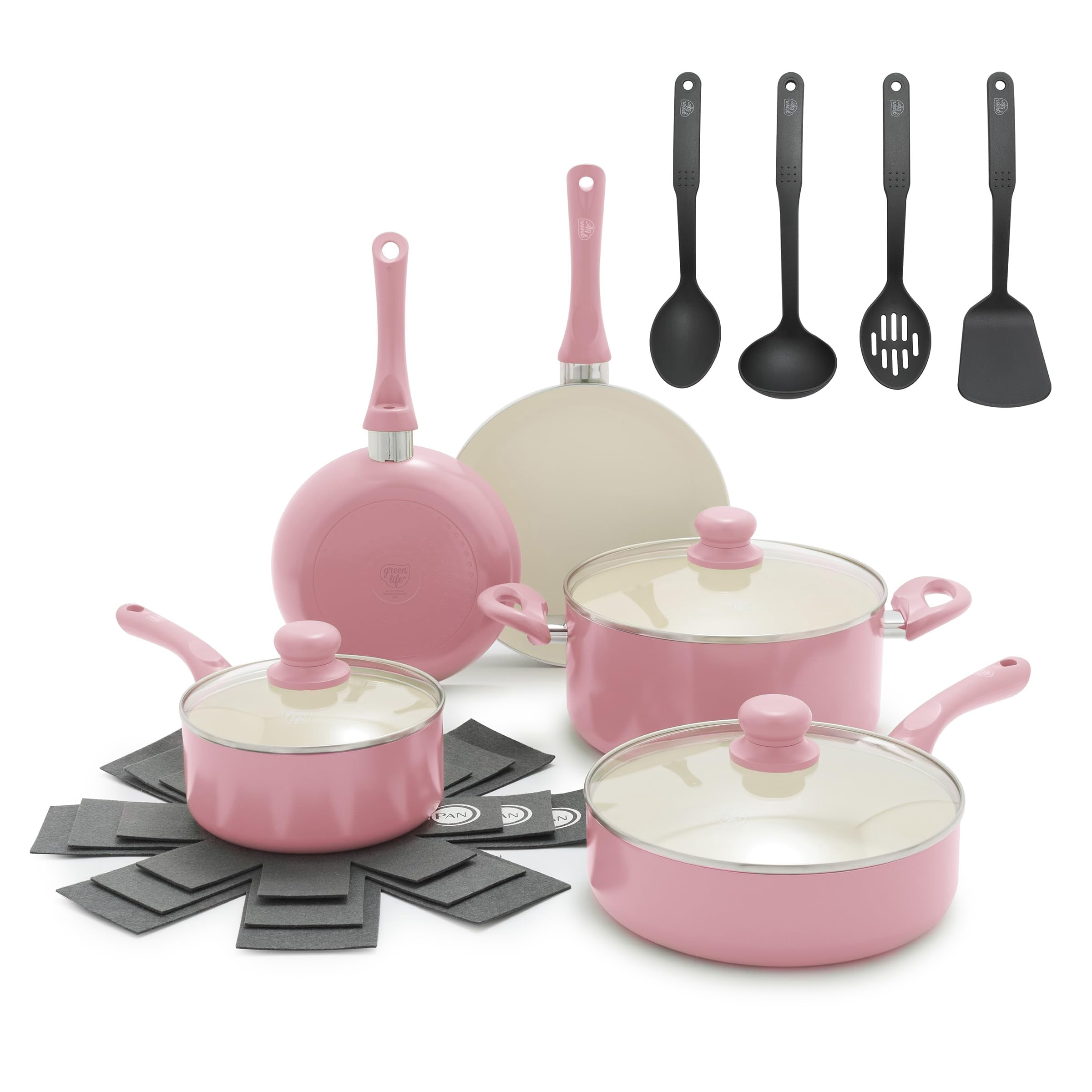 GreenLife 16-Piece Nonstick Cookware Set Non-Toxic Ceramic Pots and Pans Set Durable Healthy Kitchen Essentials Fast Heating Induction Ready Easy Clean Dishwasher Safe PFAS-Free Blush Pink