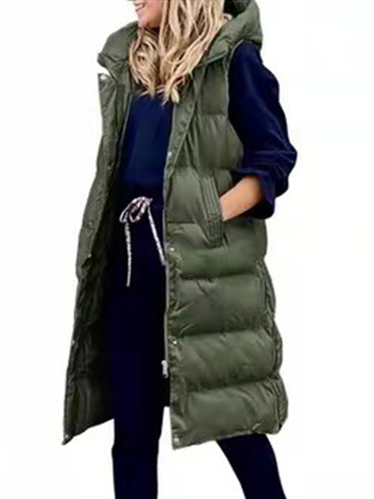 Innerwin Gilet Sans Manches à Capuche pour Femmes, Veste de Voyage Mi-Longue Vert Armée TP