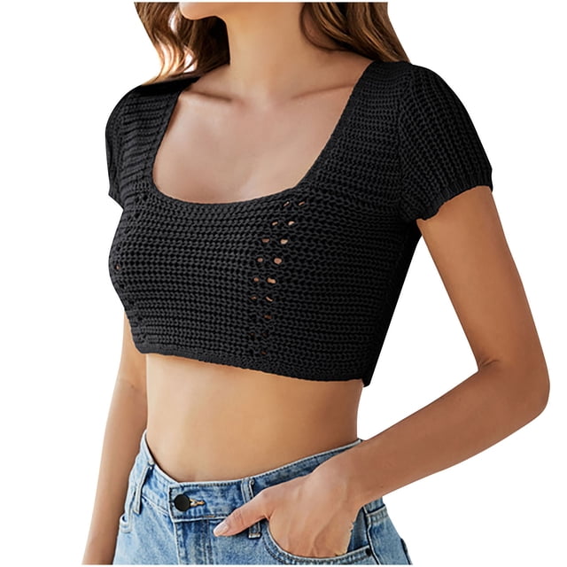 Square Neck Crop Tops for Women Short Sleeve Crochet Knit Going out Tops Basic Slim Cropped T Shirts
