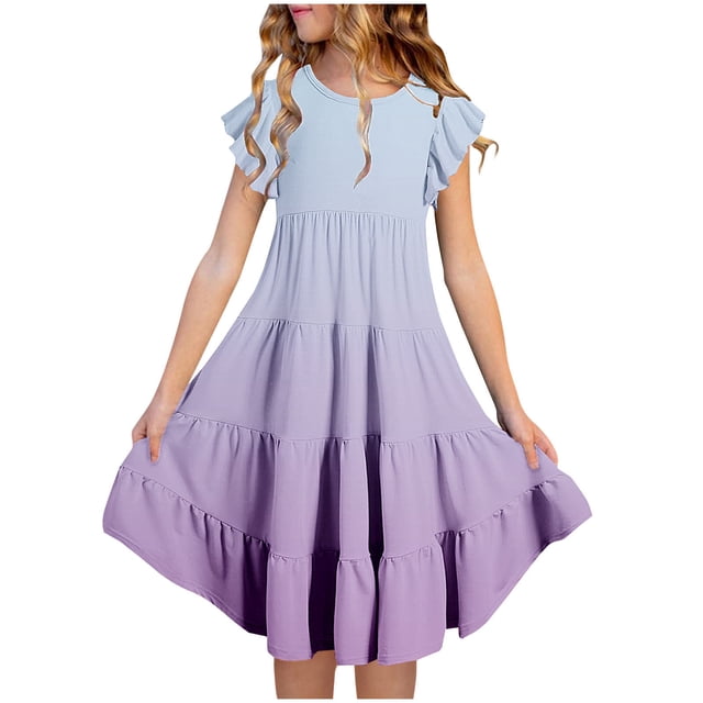 Plebaso Robes d'Été Décontractées pour Bébés Filles à Manches Volantées, Col Rond, Couleur Unie, Robe à Volants, Vêtements de Mode pour Filles