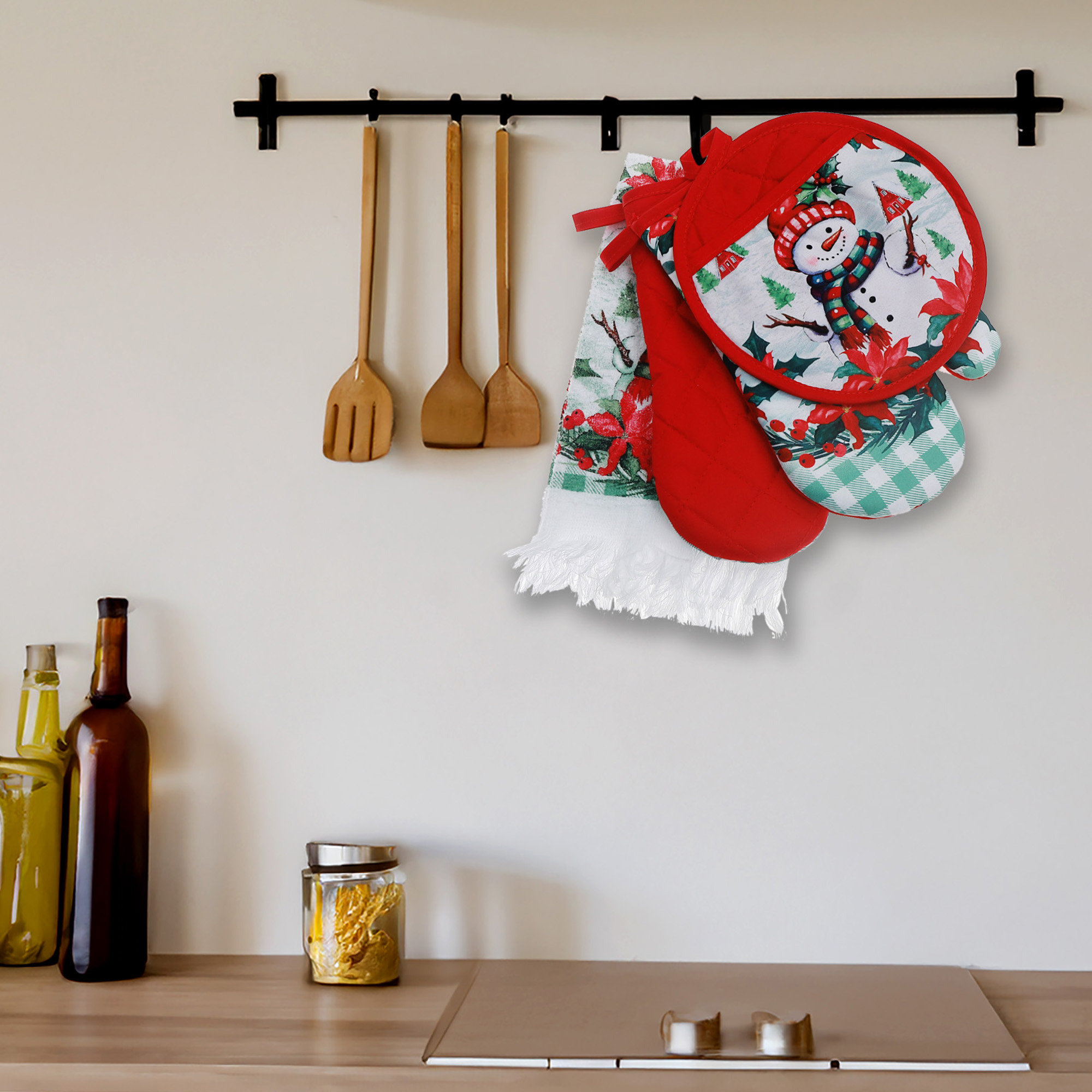 Ensemble De Cuisine 4 Pièces (Bonhomme De Neige Avec Poinsettia)