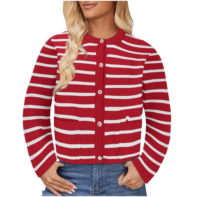MeetoTime Women's Long Sleeve Striped Cardigan Sweaters Button Down Open Front Long Sleeve Knit Outwear with Pockets