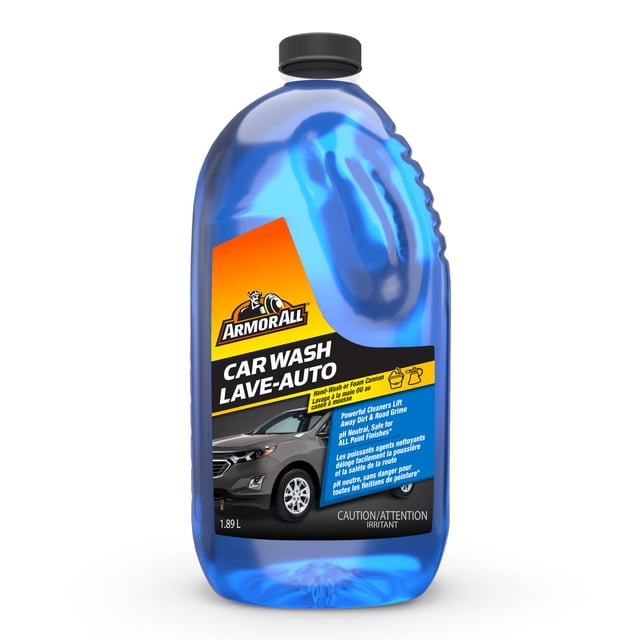 Armor All Car Wash 1.89 L bottle with blue liquid and black cap, featuring a label with a gray SUV and text highlighting its pH neutral formula, powerful cleaners that lift dirt and road grime, safe for all vehicle paint finishes, suitable for auto detailing and car soap use.