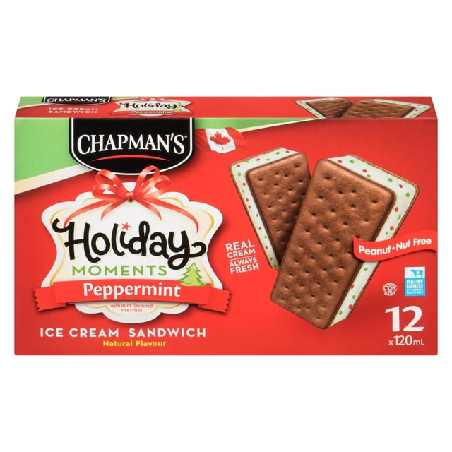 Chapman's Holiday Moments Peppermint Ice Cream Sandwich in a Box with 12 individually wrapped 120mL peppermint ice cream sandwiches featuring red and green rice crisps in mint-flavored ice cream between chocolate cookie wafers, peanut and nut free, made with 100% Canadian milk and real cream, ideal for holiday treats and festive occasions.