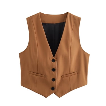 DondPO Gilet Femme Gilet Femme Col en V Boutons Gilet Été Élégant Chic Sans Manches à Simple Boutonnage Gilets d'Extérieur Gilet Femme Hauts Gilets d'Extérieur pour Femme Gilet Femme Tendance Brun P Liquidation!