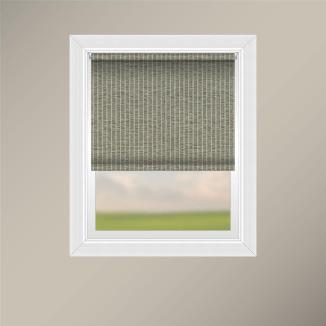 Off Cut Shades Chainless Solid Privacy Roller Shade in beige polyester fabric with a subtle woven texture, mounted inside a white window frame on a taupe wall, featuring a sewn pocket with weighted hem for a clean finish and a sturdy white aluminum headrail, designed to block visibility while softly illuminating the room with exterior light.