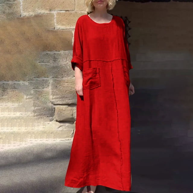 Gspmoly Robe d'Été, Robe Décontractée pour Femmes de Printemps et d'Été à Col en V, Unie et en Lin, avec Poches, à Manches Longues, Robes de Cocktail, Offres Prime