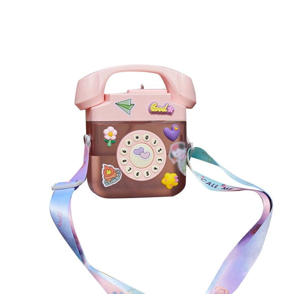 Glass&Bottle Retro Phone Shaped 400ML Water Bottle with Adjustable Shoulder Strap Leak Proof Design for Outdoor Travel and Sports featuring 3D Stickers