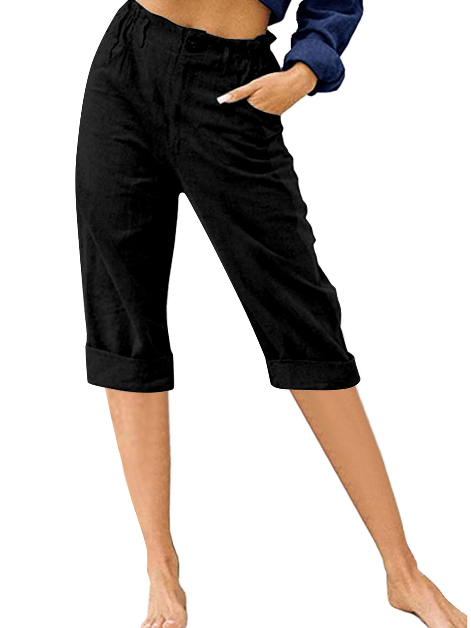 Innerwin Cropped Pant High Waist Women Capri Pants Beach Button Lounge Capris Black S