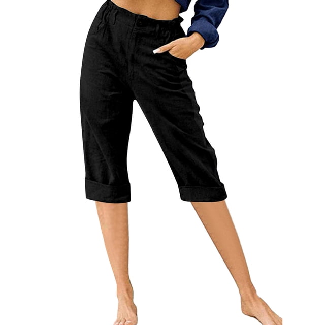 Innerwin Capris de Détente Taille Haute pour Femmes, Noir Uni, Taille M. Ces Bas pour Femmes Offrent une Taille Haute, une Coupe Ample et un Ourlet Roulé. Fabriqués à 95 % de Lin et 5 % d'Élasthanne pour un Confort Respirant. Idéal pour un Style Décontracté, les Vacances Ou le Quotidien, et s'Agence Bien avec des Hauts comme des t-shirts Ou des Chemisiers.