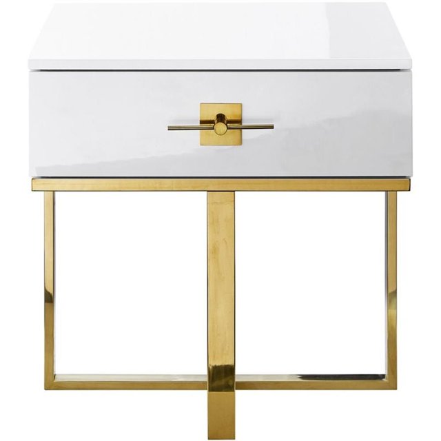 Posh Living Mano 1-Drawer Modern Stainless Steel End Table in White/Gold