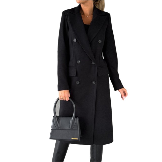 LUXUR Manteau Femme Double Boutonnage Automne Noir 2TG