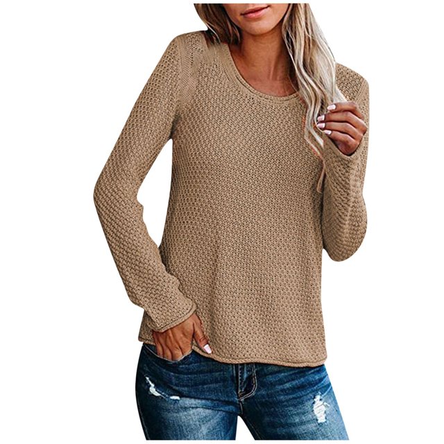 IROINID Women's Round Neckline Pullover Sweater Solid Color Comfy Mid-Length Long Sleeve Knitting Sweater Tops
