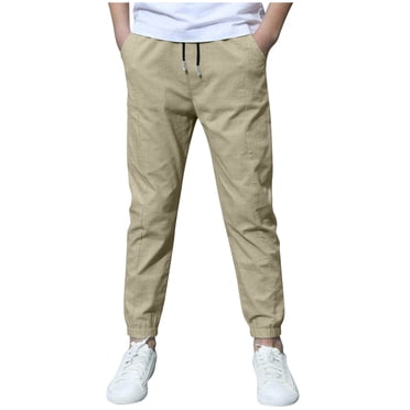 GPOECD Boys Casual Linen Jogger Pants Elastic Waist Loose Fit Comfortable Breathable Summer Beach Drawstring Trousers for Everyday Wear Khaki,11-12 Years