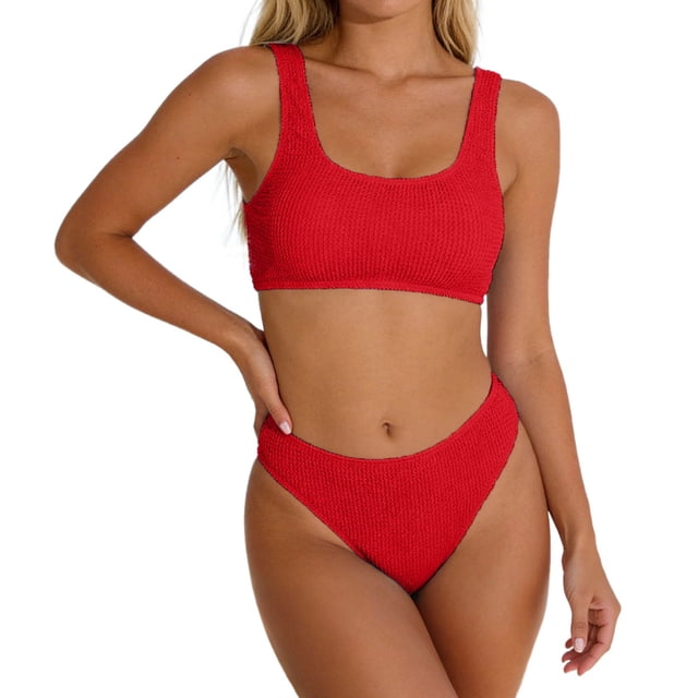 Rugged Ribbed Two Piece Bikini Set Featuring Wide Strap Top and Mid Waist Swimwear For All Seasons Beachwear