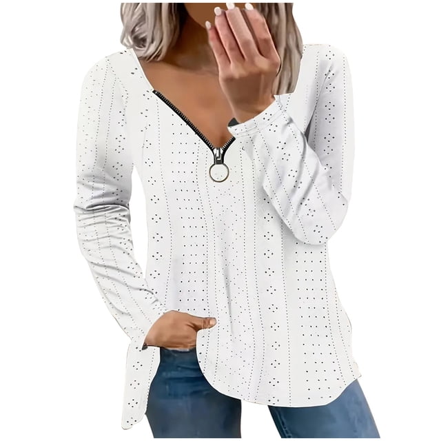Timegard Hauts Grande Taille pour Femmes Col en V Fermeture Éclair Illet Manches Longues Blouse Tunique Décontractée Habillée