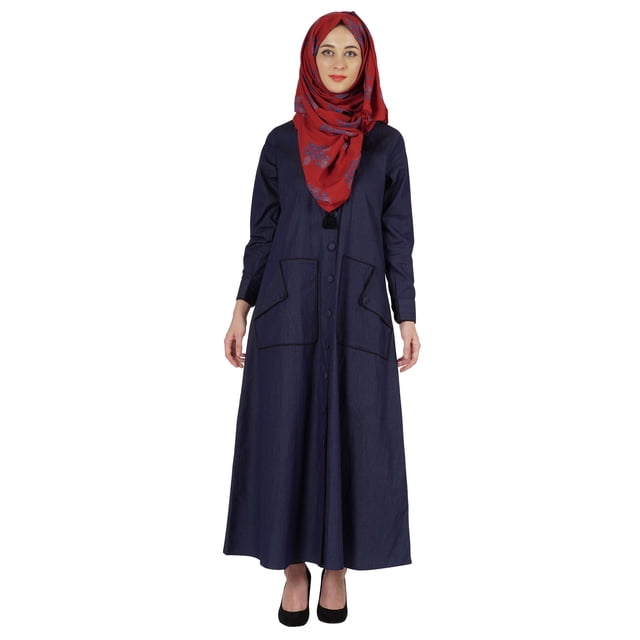 Bimba Robe Longue Unie avec Hijab/foulard Imprimés en Chambray Maxi à Boutons devant Robe Musulmane Vêtements Islamiques pour Femmes
