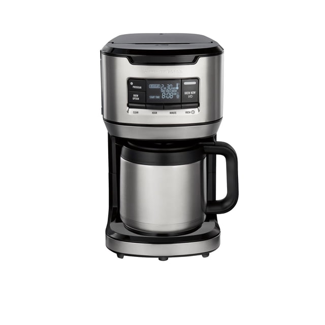 Hamilton Beach Cafetière Filtre Programmable à Remplissage Frontal avec Carafe Thermique, Capacité de 12 Tasses, Corps en Acier Inoxydable avec accents Noirs, Panneau de Commande Numérique avec Réglages d'Infusion Programmables, et Carafe Thermique Qui Garde le Café Chaud pendant des Heures Sans Plaque Chauffante.
