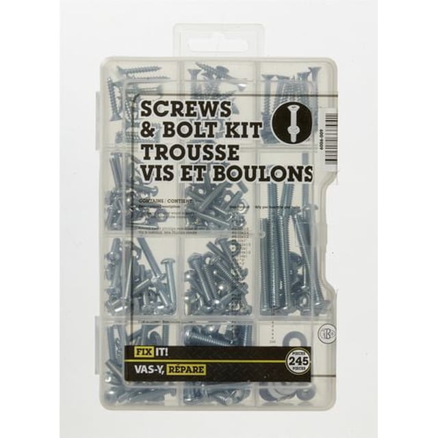 Screw and Bolt Kit 245 Pieces by FIX IT! featuring a clear plastic organizer with compartments containing assorted silver metal screws and bolts in various sizes, ideal for hardware fasteners and home improvement projects, also suitable for small repairs and DIY tasks.