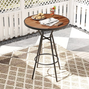 28'' Outdoor Bar Table w/ Wood-Like Tabletop Umbrella Hole & Footrest for Backyard