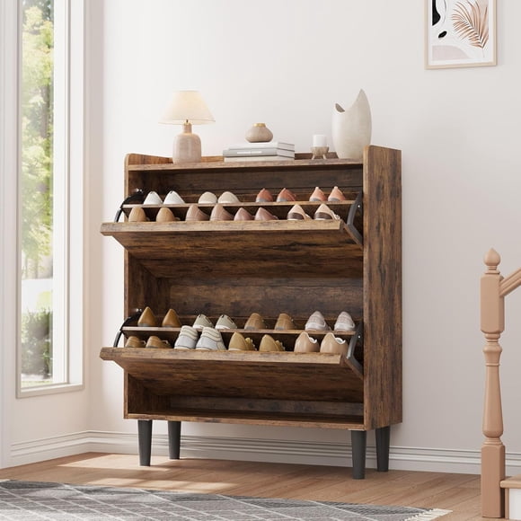 Bingirl Wooden Shoe Organizer with 2 Flip Drawers, Adjustable Shelf, and Rustic Brown Finish for Entryway Hidden Shoe Cabinet