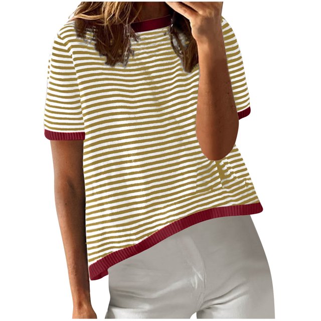 FAIWAD T-Shirts d'Été pour Femmes, Coupe Ample, à Rayures, à Blocs de Couleur, Col Ras du Cou, Manches Courtes, Chandail Tendance