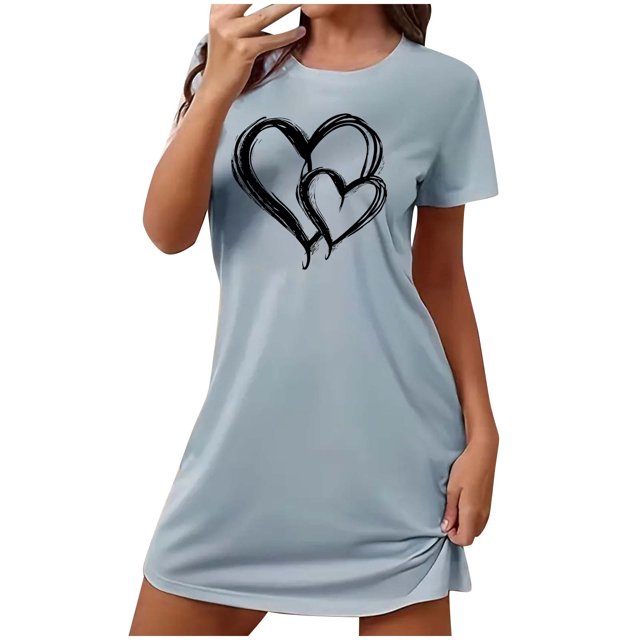 Mrat Jupe de Pyjama Deux Pièces pour Femmes Nuisette pour Femmes Tenue de Nuit Manches Courtes Chemise de Nuit Décontractée Imprimée Robe de Nuit Ample Confortable Pyjama S-79 Bleu P