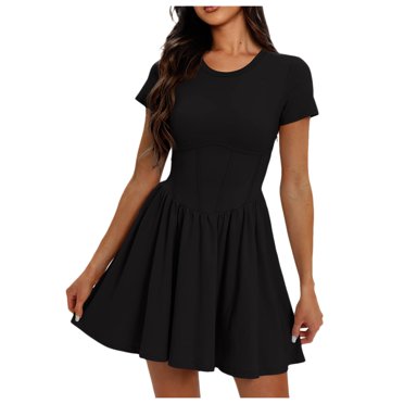TJAZFJPA Robes de Plage pour Invitées de Mariage pour Femmes Femmes Été Col Rond Manches Courtes Robes Trapèze Taille Basse Plissée Évasée T-Shirt Robe Courte Robes Mini Robes Sans Bretelles pour Femmes Robe Vert Foncé