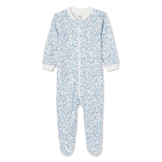 George Baby Girls' Printed Sleeper in white 100% cotton with an all-over blue floral print, featuring long sleeves with ribbed cuffs, a crew neckline, full-zip front closure, and attached footlets with grippers for warmth and safety.