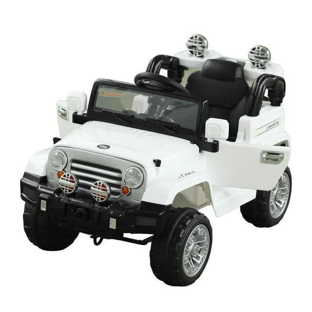 Aosom 12V Kids Electric Ride on Jeep with Remote Control, 2 Speeds, Lights, MP3, LCD Indicator in white, shown at a 3/4 front angle with open doors. Features black steering wheel, black seat with safety belt, movable wing mirrors, working headlights and horn, rugged black tires with silver rims, and dashboard LCD. Suitable for children aged 3 to 8 with remote or foot pedal control for outdoor play.