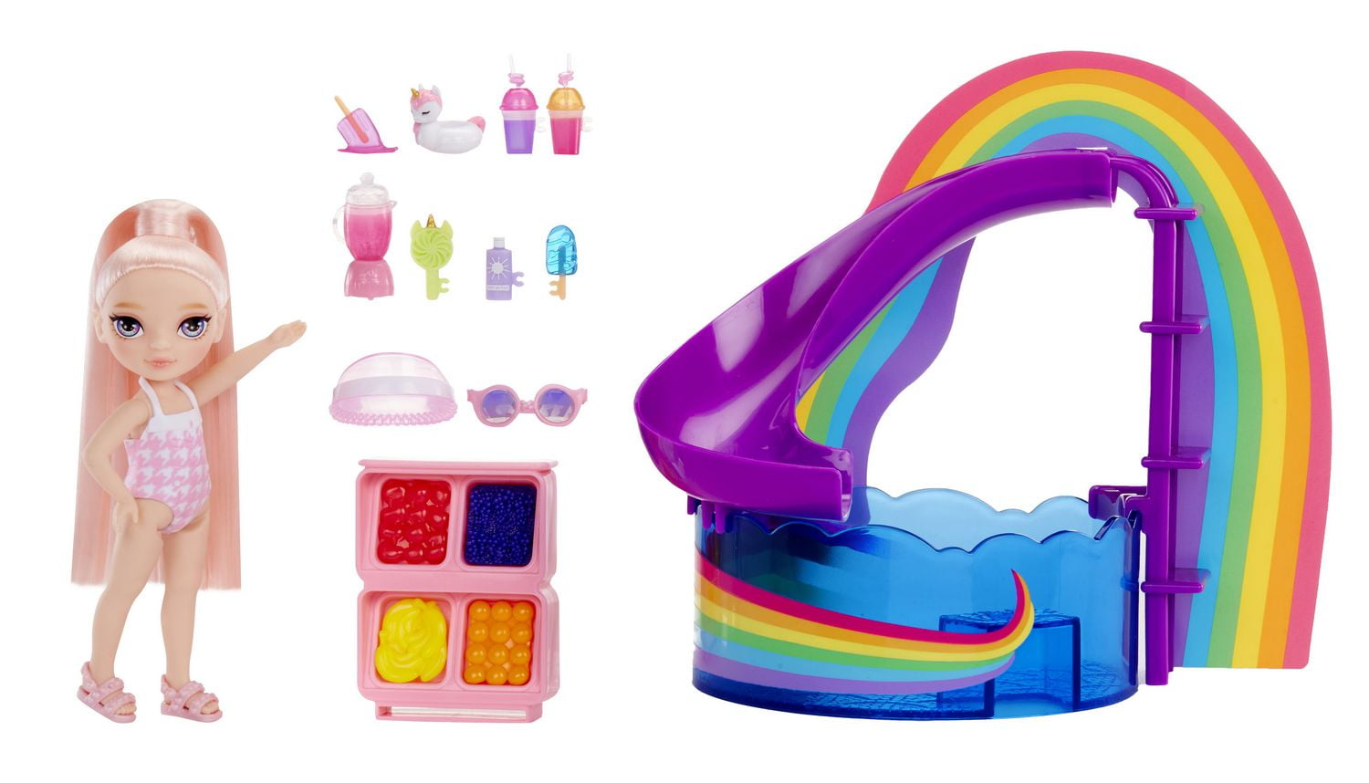 Rainbow High Littles Pool Day Playset + Small Doll (Pink 5.5”)