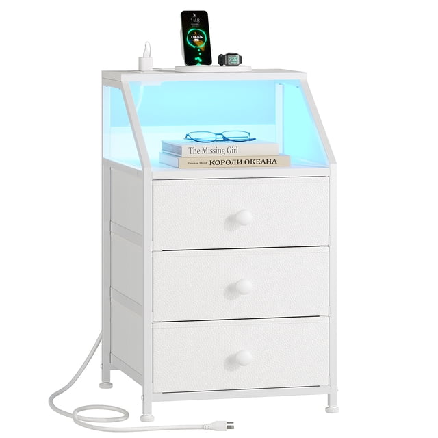 GUNAITO Nightstand with Charging Station Side Table with 3 Drawers End Table with Open Shelf Bedside Table with USB Ports and Outlets Nightstand for Bedroom,White