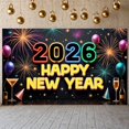 thumbnail image 1 of Colorful Fireworks 2026 New Year Banner Shiny Stars Happy New Year Display Champagne Glass Design Party Balloons 2026 Celebration Backdrop for New Year Party 2026 Celebration New Year Eve Event, 1 of 5