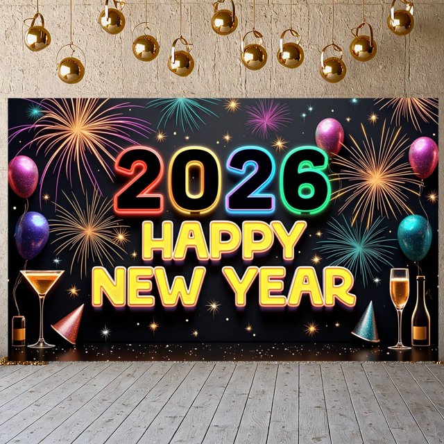 Colorful Fireworks 2026 New Year Banner Shiny Stars Happy New Year Display Champagne Glass Design Party Balloons 2026 Celebration Backdrop for New Year Party 2026 Celebration New Year Eve Event