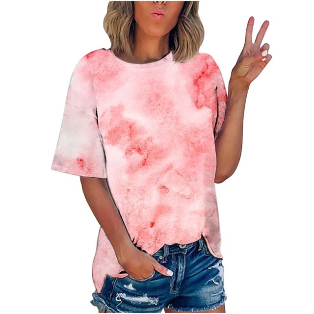 CEHVOM T-shirt Imprimé Mode Femme Manches Courtes Blouse Col Rond Hauts Décontractés Liquidation