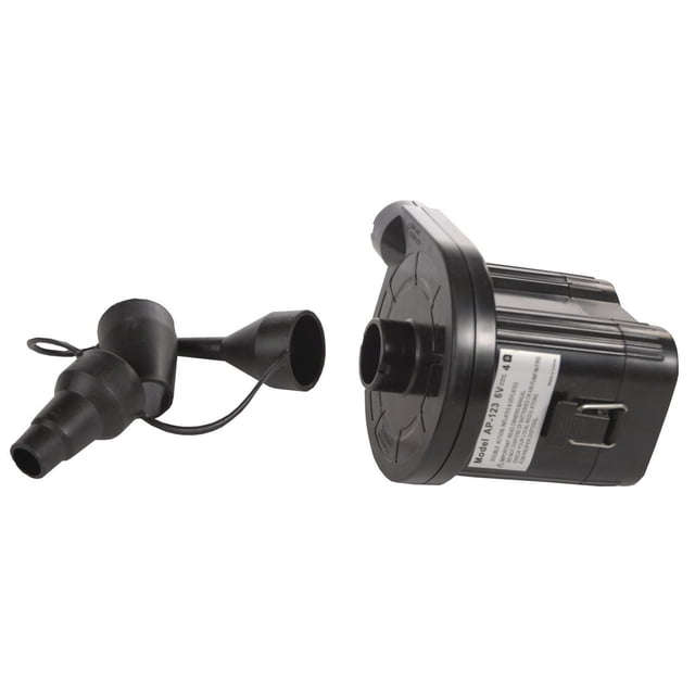 World Famous Battery Powered Plastic Air Pump with hard black plastic casing and cylindrical body shown from the side, including a round nozzle and three black plastic adapters connected by a loop, suitable for quickly inflating and deflating air mattresses and camping inflatables.