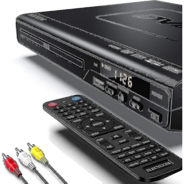 Dvd Players For Tv, Blue Ray Dvd Player with Remote and HDMI Cable by Wigslar. This zoneless DVD player offers 1080p resolution for near-HD visuals and stable sound. It supports multiple formats, including DVD, CD, MP3, and more, and features USB compatibility for digital file playback. The package includes a remote control, HDMI cable, and cleaning cloth. The player has a front display panel with playback control buttons and anti-skip protection for smooth operation. Built with durable materials and advanced drive core for reliable performance.