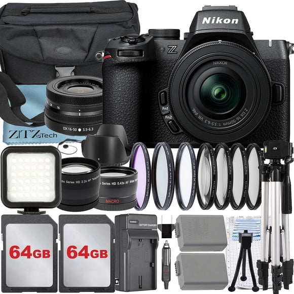 Nikon Z50 II Mirrorless Camera with NIKKOR Z DX 16-50mm VR Lens + 2 Pack 64GB Memory Card + Case + LED Flash + Tripod + ZeeTech Accessory Bundle