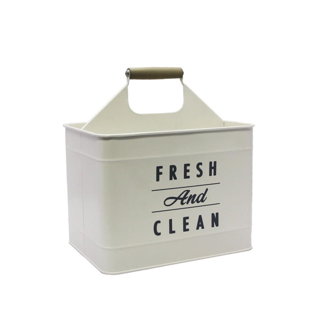 Mainstays Panier à Linge en Métal Blanc de Forme Rectangulaire avec Poignée en Bois, avec Texte « Frais et Propre » à l'Avant, Idéal pour le Rangement de la Lessive et l'Organisation des Articles de Nettoyage dans la Buanderie Ou les Salles Utilitaires.