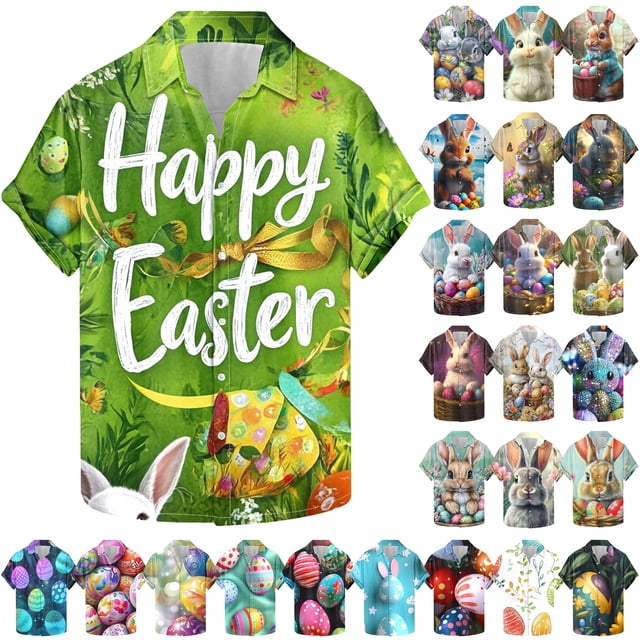 VBTAPA Mens Spring Shirts Happy Easter Day Rabbit Eggs Print Button Down Shirt Short Sleeve Hawaiian Beach Party Tops Today's Sales Multicolor L
