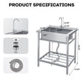 thumbnail image 3 of Stainless Steel Utility Sink, 28 Inch Single Bowl Kitchen Sink with Faucet, Hot and Cold Water Pipe, Storage Shelf, Freestanding Commercial Sink for Garage, Shop, Laundry, Sliver, 3 of 11